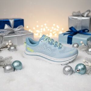 Hoka Sky Blue Running Shoes with Neon Yellow Highlights